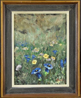 un tableau représentant des fleurs bleues et jaunes dans un champ