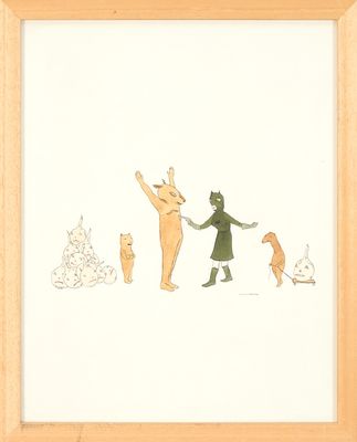 dessin représentant une femme et deux chats en train de jouer ensemble