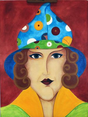 un tableau représentant une femme portant un chapeau bleu à pois