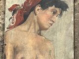 un tableau représentant une femme portant un bandana rouge sur la tête
