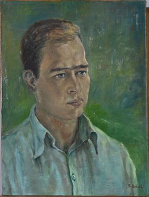 painting of a young man in a blue shirt in a wooden frame
