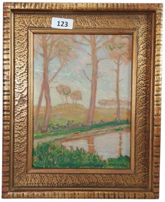 an oil painting on canvas of a landscape with trees and a river