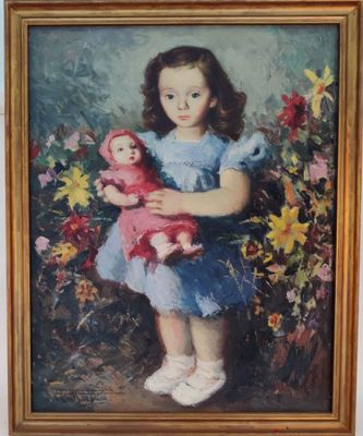 painting of a little girl holding a pink doll in a garden