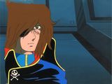 cellule d'animation représentant une femme aux cheveux bruns avec un crâne sur la tête