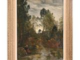 un tableau représentant un paysage boisé avec un ruisseau et des arbres