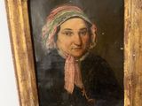 an old painting of a woman with a pink hat and a pink scarf