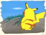 an image of a pikachu sitting on the ground with a blue sky in the background