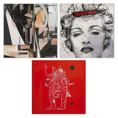 trois affiches différentes représentant Madonna et un homme à la guitare
