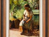an oil painting of a woman sitting on a bench in a garden