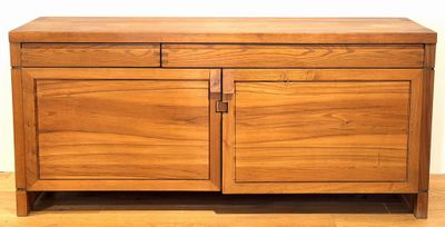 an image of a wooden cabinet with two doors and a drawer