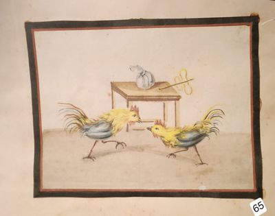 two birds that are standing in front of a table