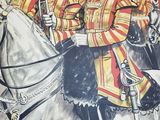 two men in uniform riding on horses in front of a building