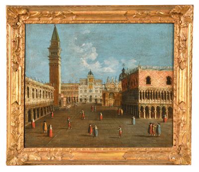an image of a painting of a city square with a clock tower