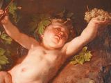 a painting of a baby holding a bunch of grapes