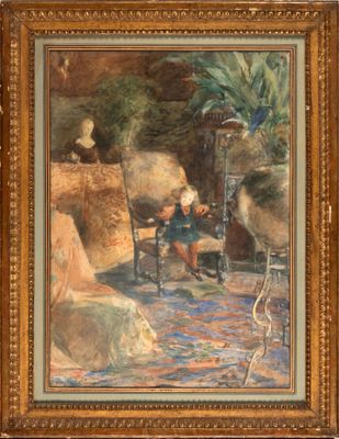BERTON Armand (1854-1917) : "Jeune fille dans le grand salon", aquarel - Photo 1