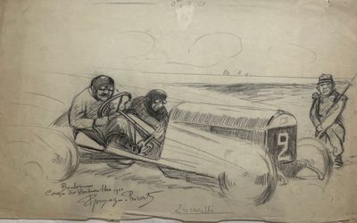 an old drawing of a man driving a race car with two men behind him