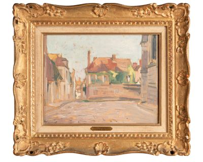 une image d'une peinture représentant une scène de rue dans un cadre doré