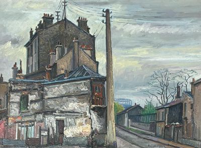 une peinture représentant un immeuble situé à l'angle d'une rue