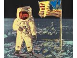 une image représentant un astronaute debout sur la Lune, à côté d'un drapeau américain