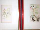 two framed pictures of a man and a woman on a horse