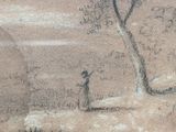 drawing of a man standing under a tree with a dog in the foreground