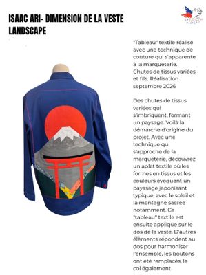le dos d'une veste bleue sur laquelle est représentée une montagne