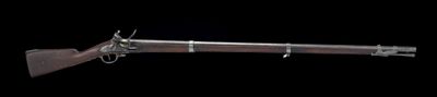 a close up of a rifle with a wooden barrel on a black background