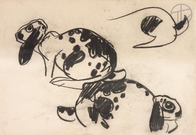 a drawing of a dog and a cat laying on the ground
