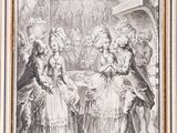 a drawing of a group of people standing around a table