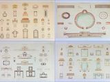 four different views of architectural drawings of a building and a clock