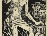 un dessin en noir et blanc représentant un homme assis au sommet d'un immeuble