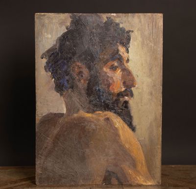 an oil painting of a man with a beard on a wooden surface