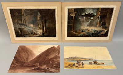 trois tableaux encadrés représentant un paysage avec une montagne et une rivière
