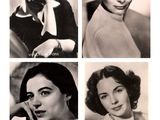 four black and white photos of a woman with different hair styles