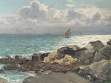 a painting of a sailboat on the water near rocks