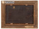 an old picture of a wooden frame with a label on it