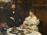 une peinture représentant un homme et une femme assis à une table