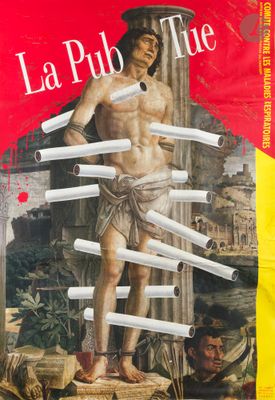 a poster of a man with a bunch of knives on it