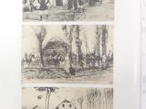 four pictures of people outside of a house in the woods
