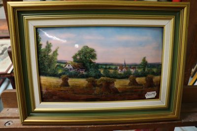 a picture of a painting of a farm scene in a frame