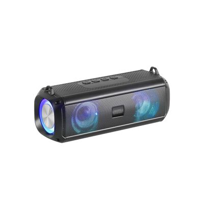 an image of a black speaker with blue lights on it
