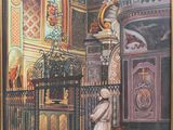an oil painting of a priest in a church with a stained glass window