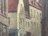 painting of a street scene with a horse and carriage in the middle of the street