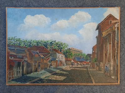 un tableau représentant une scène de rue avec des bâtiments et une calèche