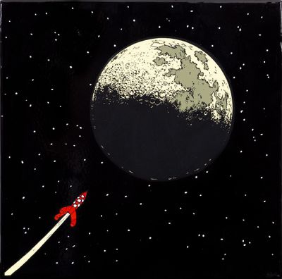 painting of a rocket flying past the moon with a rocket in the foreground