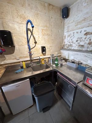 une cuisine équipée d'un évier, d'un lave-vaisselle et d'une poubelle
