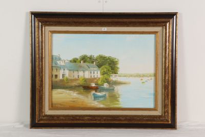 une peinture à l'huile représentant un bateau sur l'eau devant une maison