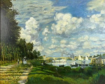 Ecole Française XX° Promenade en bord de rivière Huile sur t…