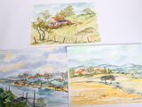 trois aquarelles représentant un paysage rural avec une maison et une rivière
