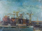 une peinture à l'huile représentant une scène portuaire avec des grues et des bateaux